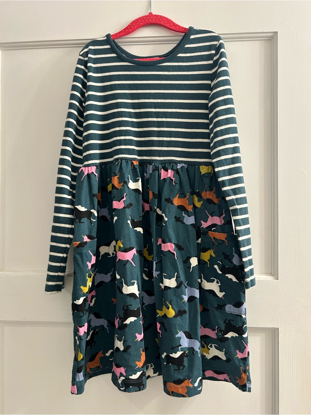 Hanna Andersson Girls' Long Sleeve Teal Striped & Unicorn Print Dress Size 130/8